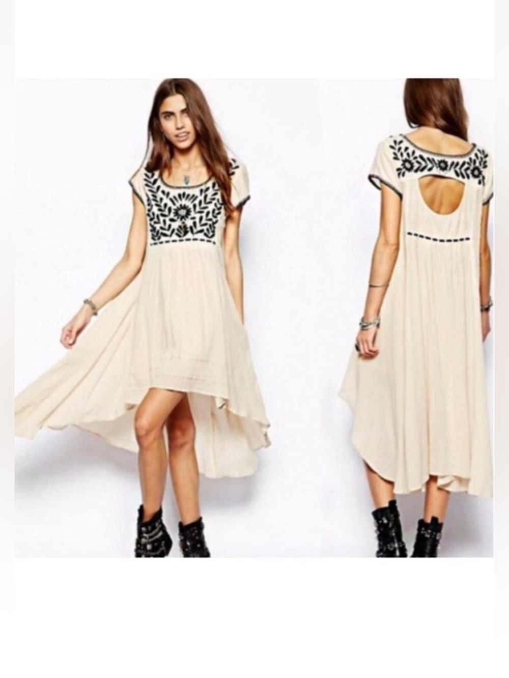 FREE PEOPLE Marina Embroidered High Low Dress Size XS Beige Back Cut Out